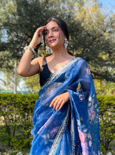 Designer Handmade Dark Denim Blue  Flower Printed Pure Organza Saree
